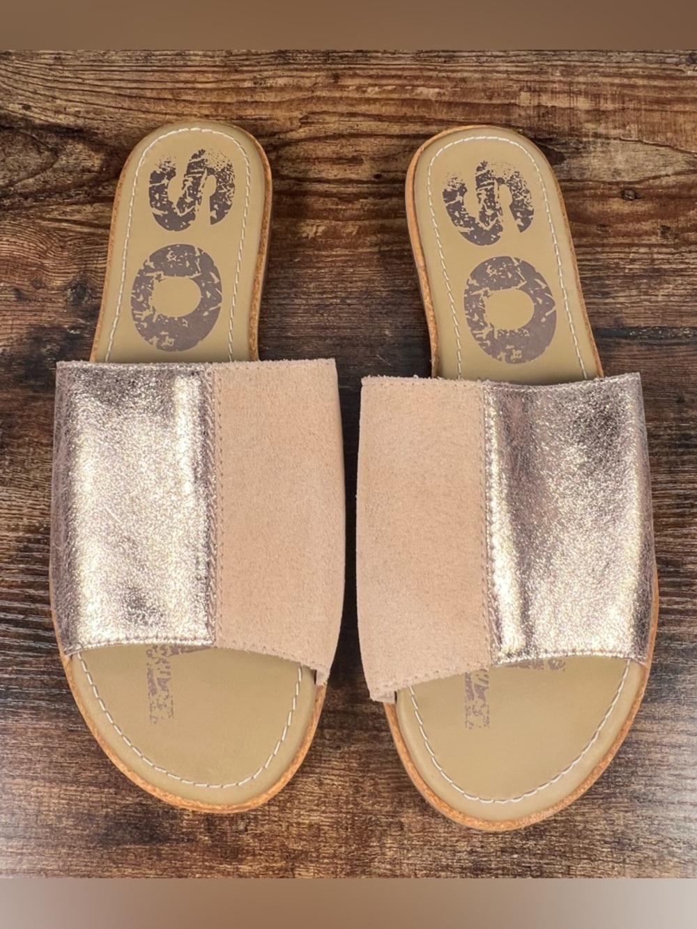 Sorel Two Tone Slide Sandals Metallic Bronze Beige Suede Casual Flat Women's 9 - Picture 3 of 10